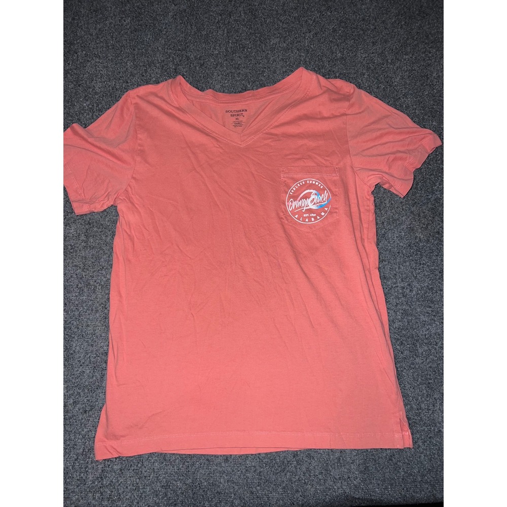 Southern Spirit Orange Beach Alabama Graphic V-Neck Pocket T-Shirt XL Coral Pink